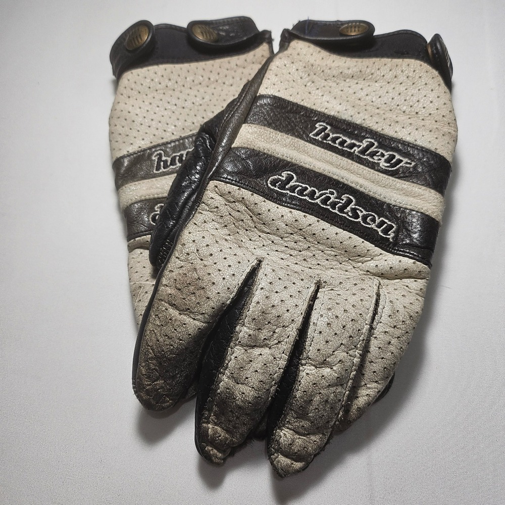 Harley-Davidson Leather Motorcycle Gloves Cream Black Perforated Womens L.